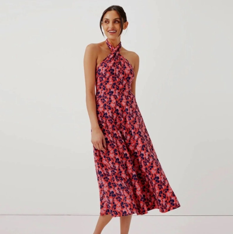 Pact Fit & Flare Modern Halter Dress Sweet Floral Cayenne Coral Sz M $78 {Ww19}